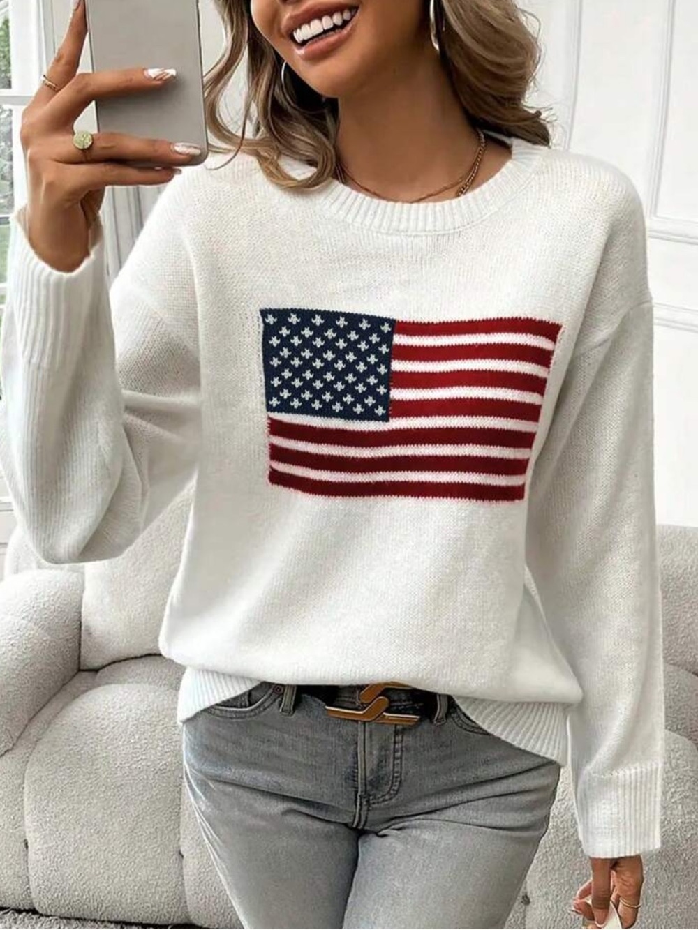 🇺🇸 USA flag american 4th of july oversized knit sweater white - Picture 2 of 2